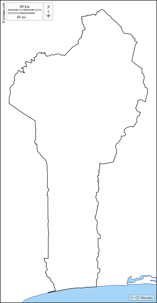Benín : d-maps.com: mapa gratuito, mapa mudo gratuito, mapa en blanco gratuito, plantilla de mapa : costas, límites