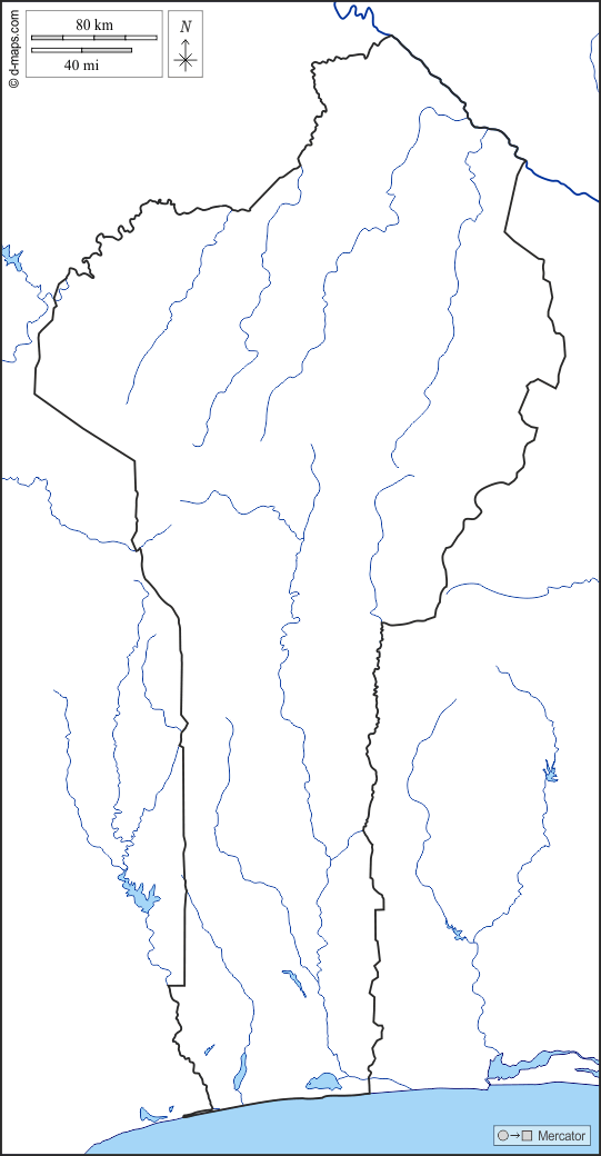 Benin : d-maps.com: mappa gratuita, mappa muta gratuita, cartina muta gratuita : litorali, limiti, idrografia