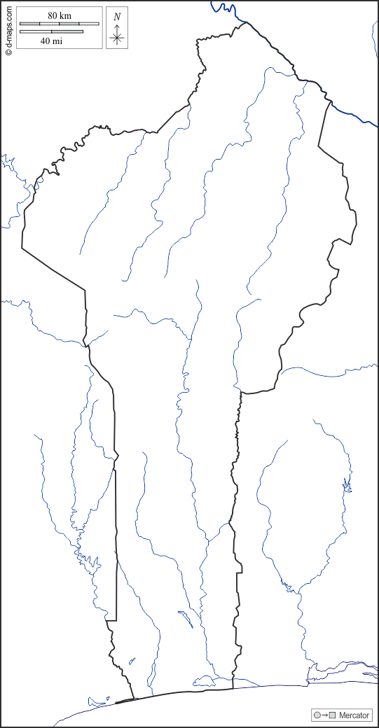 Benín : d-maps.com: mapa gratuito, mapa mudo gratuito, mapa en blanco gratuito, plantilla de mapa : costas, límites, hidrografía, blanco