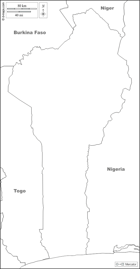 Benín : d-maps.com: mapa gratuito, mapa mudo gratuito, mapa en blanco gratuito, plantilla de mapa : fronteras, nombres, blanco