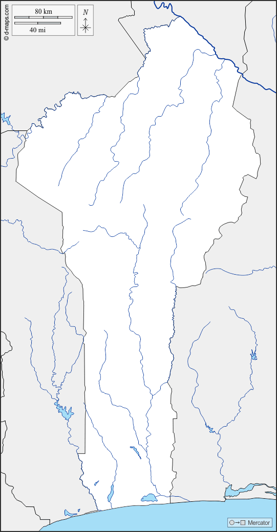 Benín : d-maps.com: mapa gratuito, mapa mudo gratuito, mapa en blanco gratuito, plantilla de mapa : fronteras, hidrografía