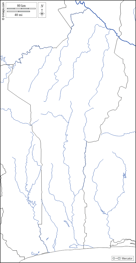 Benín : d-maps.com: mapa gratuito, mapa mudo gratuito, mapa en blanco gratuito, plantilla de mapa : fronteras, hidrografía, blanco