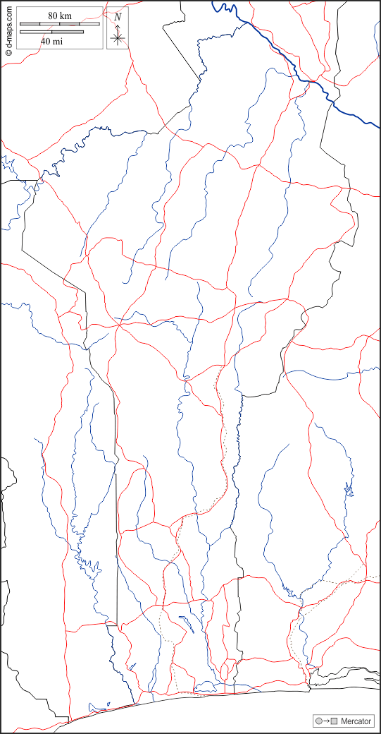 Benin : d-maps.com: mappa gratuita, mappa muta gratuita, cartina muta gratuita : frontiere, idrografia, strade, bianco