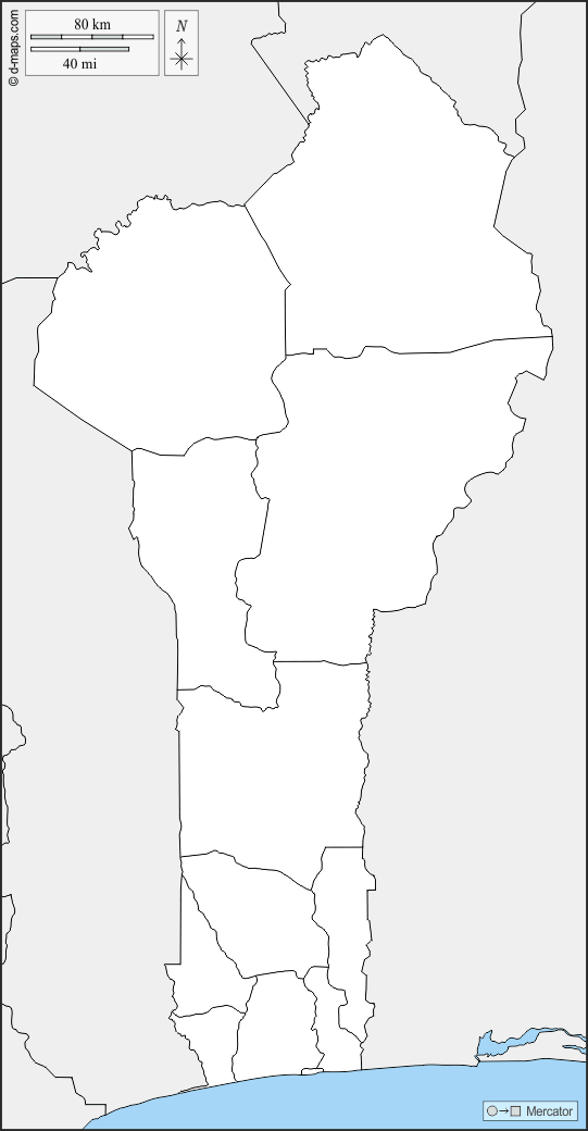 Benin : d-maps.com: mappa gratuita, mappa muta gratuita, cartina muta gratuita : frontiere, dipartimenti