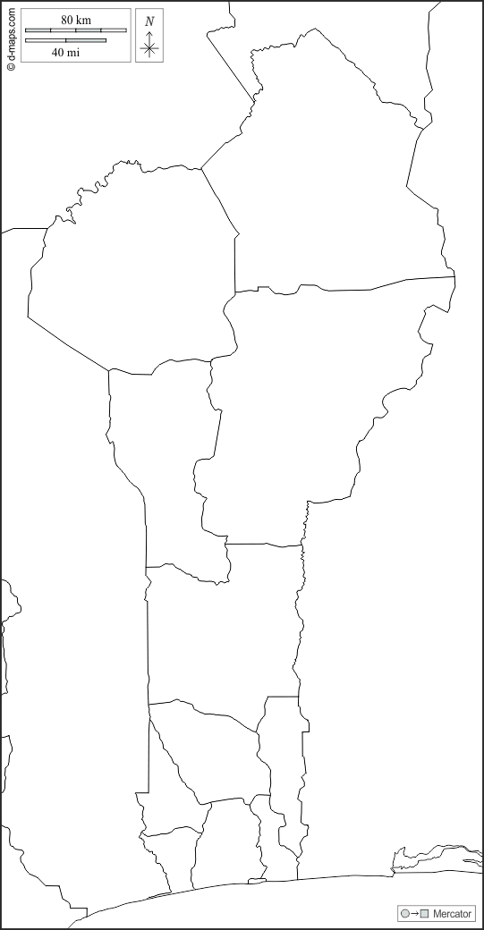 Benin : d-maps.com: mappa gratuita, mappa muta gratuita, cartina muta gratuita : frontiere, dipartimenti, bianco