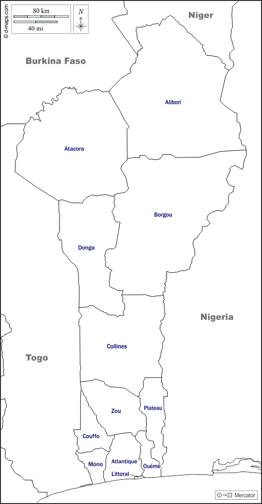 Benin : d-maps.com: mappa gratuita, mappa muta gratuita, cartina muta gratuita : frontiere, dipartimenti, nomi, bianco