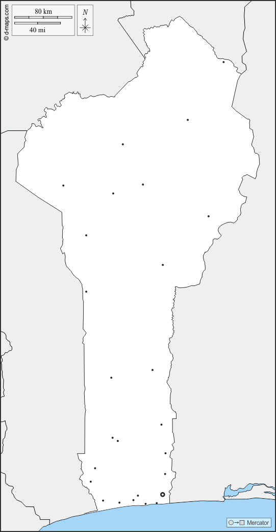 Benin : d-maps.com: mappa gratuita, mappa muta gratuita, cartina muta gratuita : frontiere, principali città