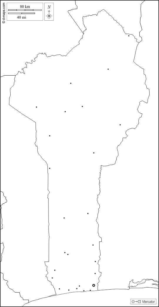 Benin : d-maps.com: mappa gratuita, mappa muta gratuita, cartina muta gratuita : frontiere, principali città, bianco