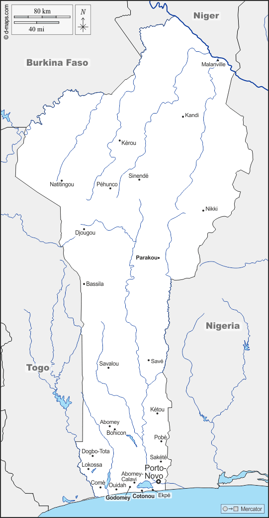 Bénin : d-maps.com: carte géographique gratuite, carte géographique muette gratuite, carte vierge gratuite, fond de carte gratuit, formats graphiques courants : frontières, hydrographie, principales villes, noms