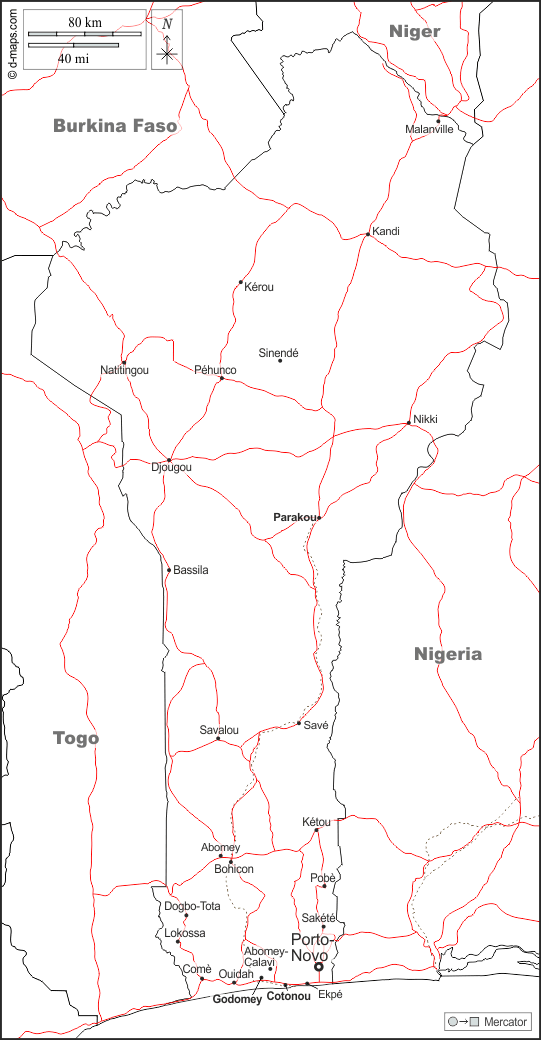 Benin : d-maps.com: mappa gratuita, mappa muta gratuita, cartina muta gratuita : frontiere, principali città, strade, nomi, bianco