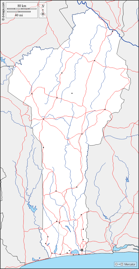 Benin : d-maps.com: mappa gratuita, mappa muta gratuita, cartina muta gratuita : frontiere, idrografia, principali città, strade