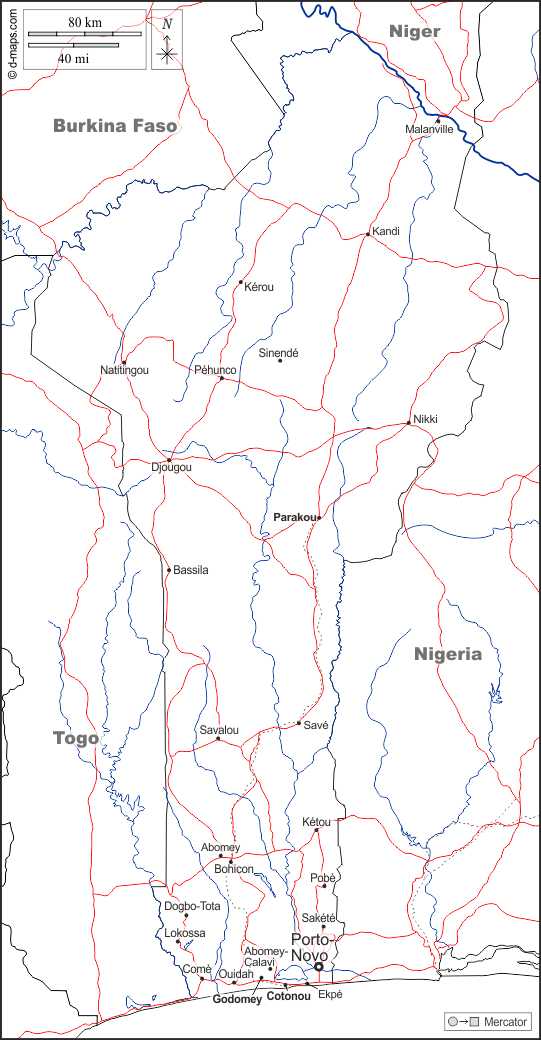 Benin : d-maps.com: mappa gratuita, mappa muta gratuita, cartina muta gratuita : frontiere, idrografia, principali città, strade, nomi, bianco