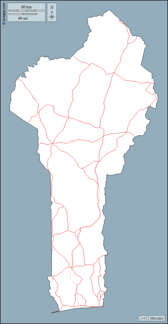 Benin : d-maps.com: mappa gratuita, mappa muta gratuita, cartina muta gratuita : contorni, strade