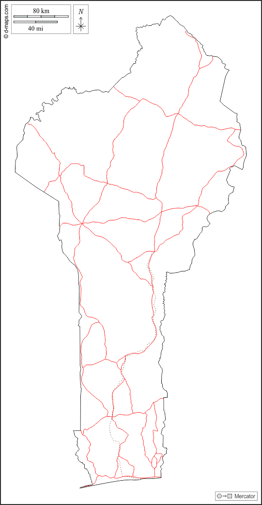 Benin : d-maps.com: mappa gratuita, mappa muta gratuita, cartina muta gratuita : contorni, strade, bianco