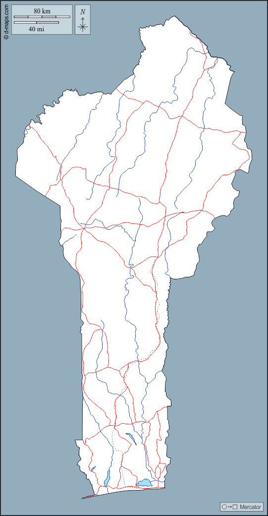 Benin : d-maps.com: mappa gratuita, mappa muta gratuita, cartina muta gratuita : contorni, idrografia, strade