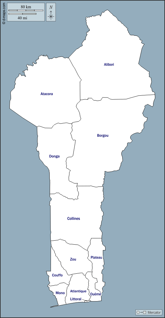 بنين : خريطة مجانية, خريطة خاليه من الفراغ, خريطة الخطوط العريضة, خريطة القاعدة الحرة
 : الخطوط العريضة, الإدارات, أسماء