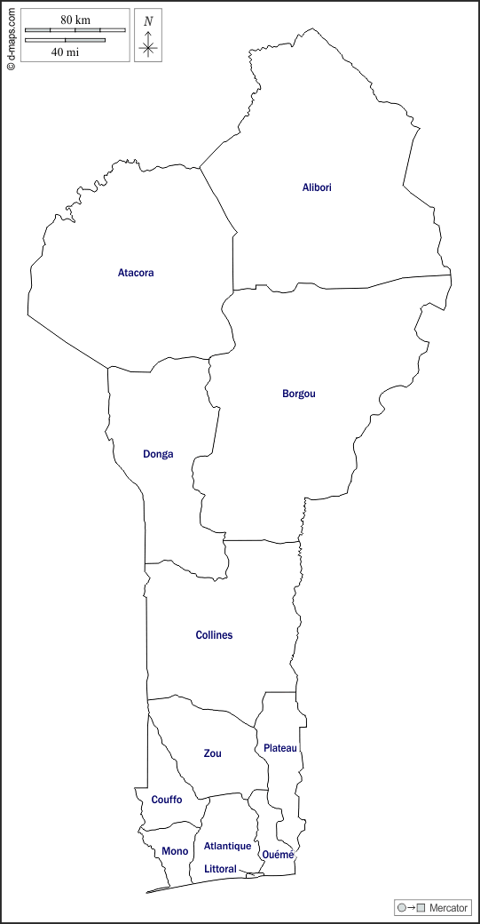 بنين : خريطة مجانية, خريطة خاليه من الفراغ, خريطة الخطوط العريضة, خريطة القاعدة الحرة
 : الخطوط العريضة, الإدارات, أسماء, أبيض