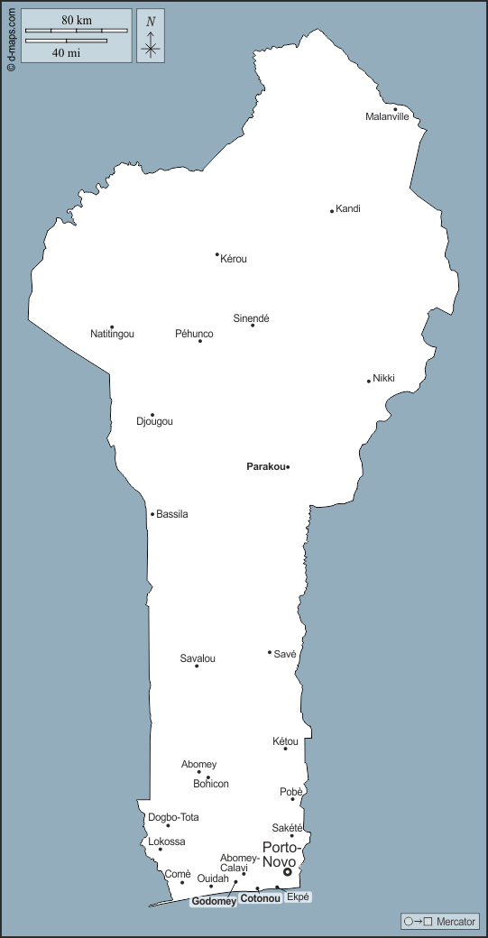 بنين : خريطة مجانية, خريطة خاليه من الفراغ, خريطة الخطوط العريضة, خريطة القاعدة الحرة
 : الخطوط العريضة, المدن الرئيسية, أسماء