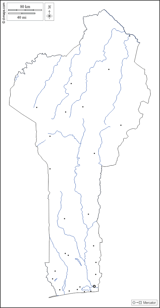 بنين : خريطة مجانية, خريطة خاليه من الفراغ, خريطة الخطوط العريضة, خريطة القاعدة الحرة
 : الخطوط العريضة, هيدروغرافيا, المدن الرئيسية, أبيض