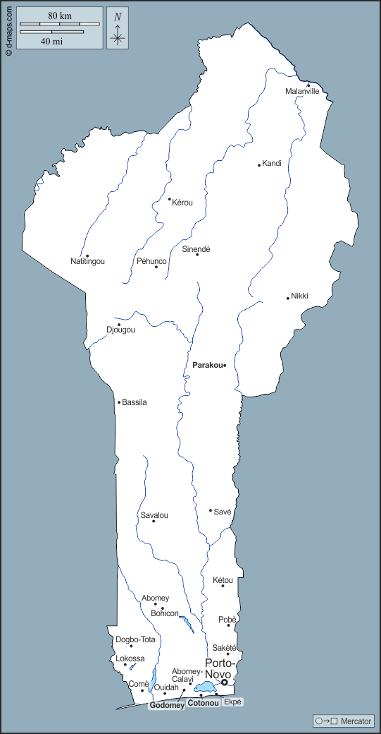 بنين : خريطة مجانية, خريطة خاليه من الفراغ, خريطة الخطوط العريضة, خريطة القاعدة الحرة
 : الخطوط العريضة, هيدروغرافيا, المدن الرئيسية, أسماء