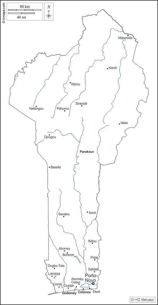 بنين : خريطة مجانية, خريطة خاليه من الفراغ, خريطة الخطوط العريضة, خريطة القاعدة الحرة
 : الخطوط العريضة, هيدروغرافيا, المدن الرئيسية, أسماء, أبيض