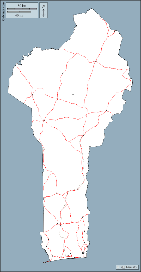 بنين : خريطة مجانية, خريطة خاليه من الفراغ, خريطة الخطوط العريضة, خريطة القاعدة الحرة
 : الخطوط العريضة, المدن الرئيسية, الطرق