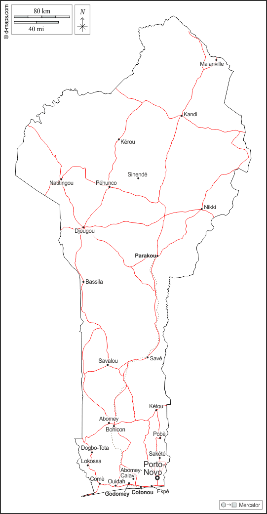 بنين : خريطة مجانية, خريطة خاليه من الفراغ, خريطة الخطوط العريضة, خريطة القاعدة الحرة
 : الخطوط العريضة, المدن الرئيسية, الطرق, أسماء, أبيض
