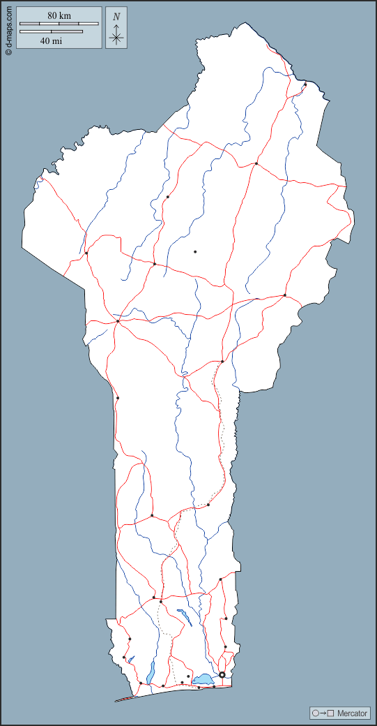 بنين : خريطة مجانية, خريطة خاليه من الفراغ, خريطة الخطوط العريضة, خريطة القاعدة الحرة
 : الخطوط العريضة, هيدروغرافيا, المدن الرئيسية, الطرق