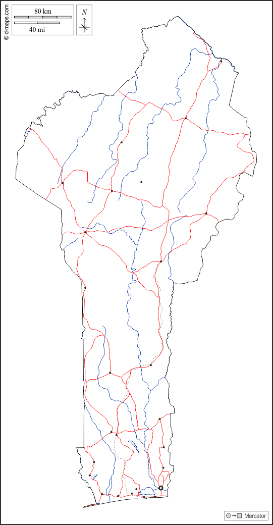 بنين : خريطة مجانية, خريطة خاليه من الفراغ, خريطة الخطوط العريضة, خريطة القاعدة الحرة
 : الخطوط العريضة, هيدروغرافيا, المدن الرئيسية, الطرق, أبيض