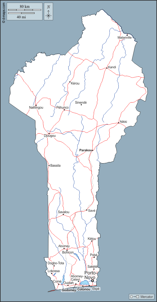 بنين : خريطة مجانية, خريطة خاليه من الفراغ, خريطة الخطوط العريضة, خريطة القاعدة الحرة
 : الخطوط العريضة, هيدروغرافيا, المدن الرئيسية, الطرق, أسماء