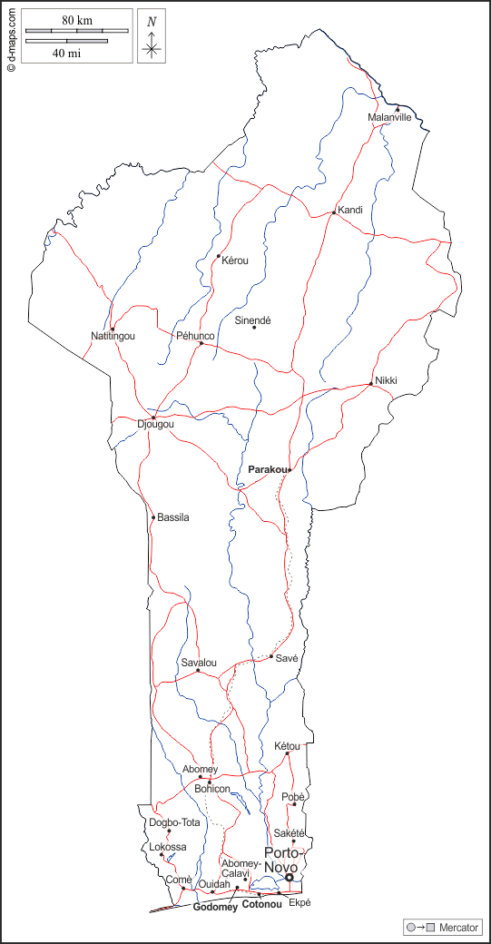 Benin : d-maps.com: Kostenlose Karten, kostenlose stumme Karte, kostenlose unausgefüllt Landkarte, kostenlose hochauflösende Umrisskarte : Umrisse, Hydrografie, Wichtige Städte, Straßen, Namen, weiß