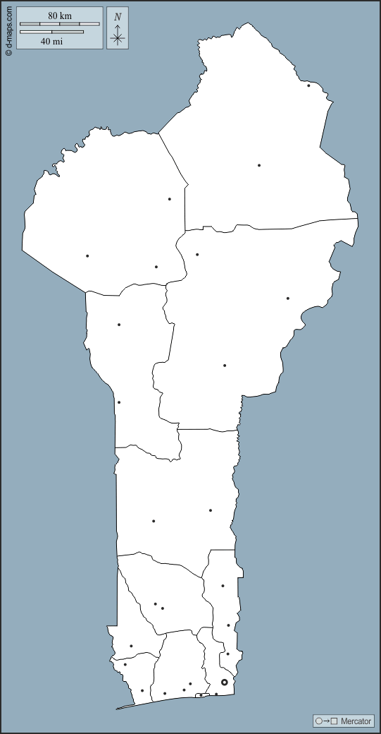 Benin : d-maps.com: Kostenlose Karten, kostenlose stumme Karte, kostenlose unausgefüllt Landkarte, kostenlose hochauflösende Umrisskarte : Umrisse, Departements, Wichtige Städte