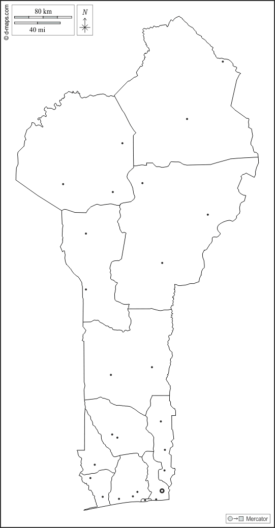 Benin : d-maps.com: Kostenlose Karten, kostenlose stumme Karte, kostenlose unausgefüllt Landkarte, kostenlose hochauflösende Umrisskarte : Umrisse, Departements, Wichtige Städte, weiß