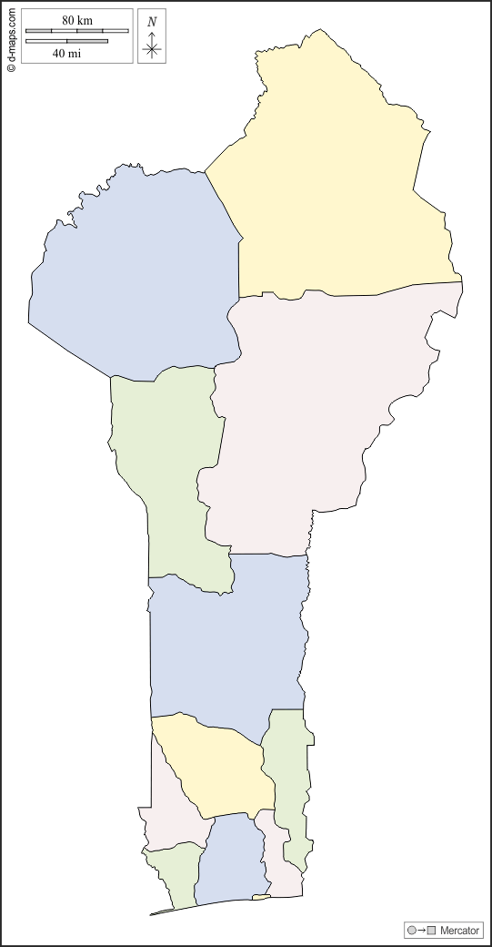 بنين : خريطة مجانية, خريطة خاليه من الفراغ, خريطة الخطوط العريضة, خريطة القاعدة الحرة
 : الخطوط العريضة, الإدارات, اللون, أبيض