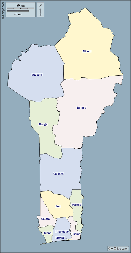 بنين : خريطة مجانية, خريطة خاليه من الفراغ, خريطة الخطوط العريضة, خريطة القاعدة الحرة
 : الخطوط العريضة, الإدارات, أسماء, اللون