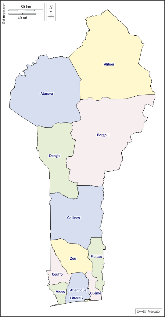 بنين : خريطة مجانية, خريطة خاليه من الفراغ, خريطة الخطوط العريضة, خريطة القاعدة الحرة
 : الخطوط العريضة, الإدارات, أسماء, اللون, أبيض
