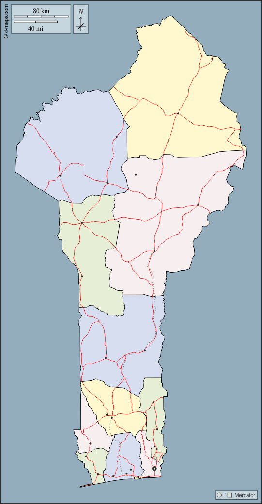 بنين : خريطة مجانية, خريطة خاليه من الفراغ, خريطة الخطوط العريضة, خريطة القاعدة الحرة
 : الخطوط العريضة, الإدارات, المدن الرئيسية, الطرق, اللون