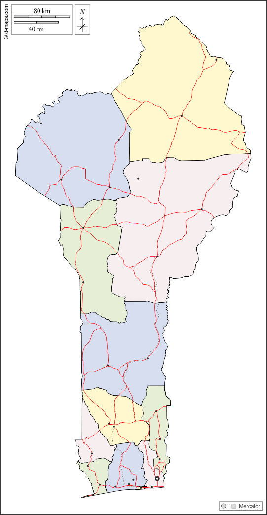 بنين : خريطة مجانية, خريطة خاليه من الفراغ, خريطة الخطوط العريضة, خريطة القاعدة الحرة
 : الخطوط العريضة, الإدارات, المدن الرئيسية, الطرق, اللون, أبيض