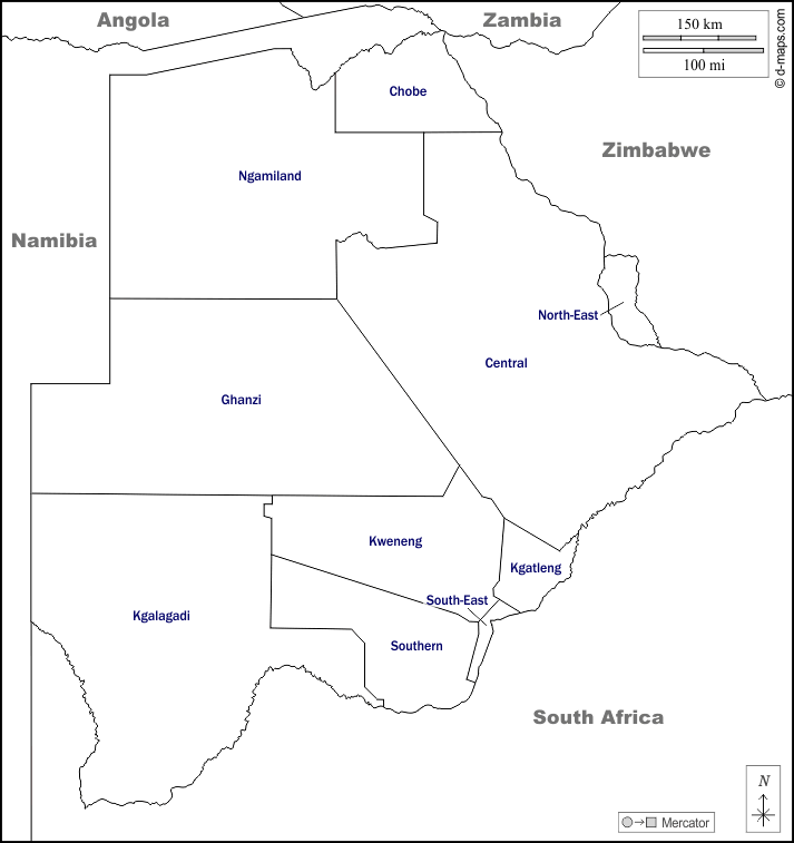 Botswana : d-maps.com: mappa gratuita, mappa muta gratuita, cartina muta gratuita : frontiere, distretti, nomi, bianco