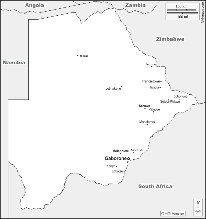 Botswana : d-maps.com: carte géographique gratuite, carte géographique muette gratuite, carte vierge gratuite, fond de carte gratuit, formats graphiques courants : frontières, principales villes, noms