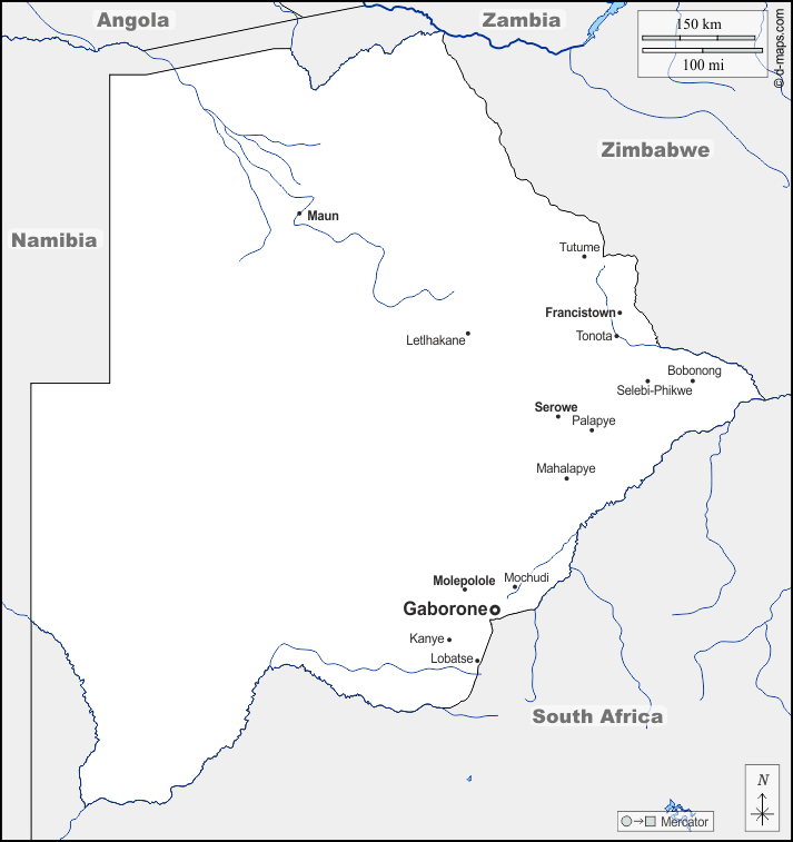 Botswana : d-maps.com: Kostenlose Karten, kostenlose stumme Karte, kostenlose unausgefüllt Landkarte, kostenlose hochauflösende Umrisskarte : Grenzen, Hydrografie, Wichtige Städte, Namen