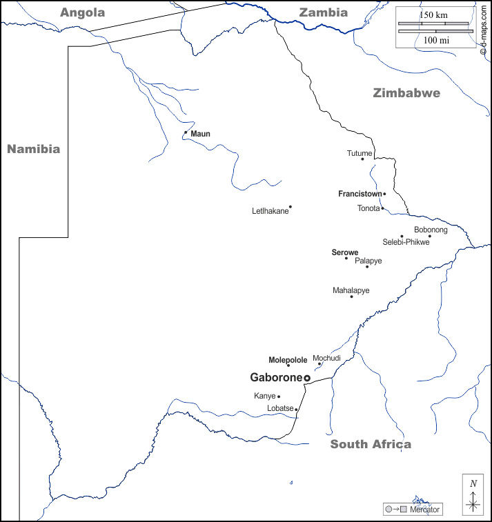 Botswana : d-maps.com: mappa gratuita, mappa muta gratuita, cartina muta gratuita : frontiere, idrografia, principali città, nomi, bianco
