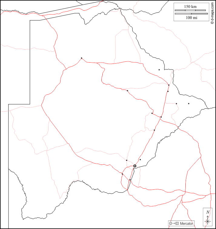 Botswana : d-maps.com: mappa gratuita, mappa muta gratuita, cartina muta gratuita : frontiere, principali città, strade, bianco