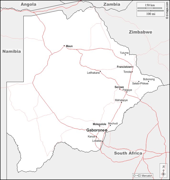 Botswana : d-maps.com: mappa gratuita, mappa muta gratuita, cartina muta gratuita : frontiere, principali città, strade, nomi