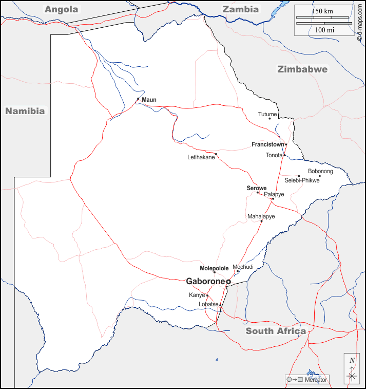 Botswana : d-maps.com: mappa gratuita, mappa muta gratuita, cartina muta gratuita : frontiere, idrografia, principali città, strade, nomi