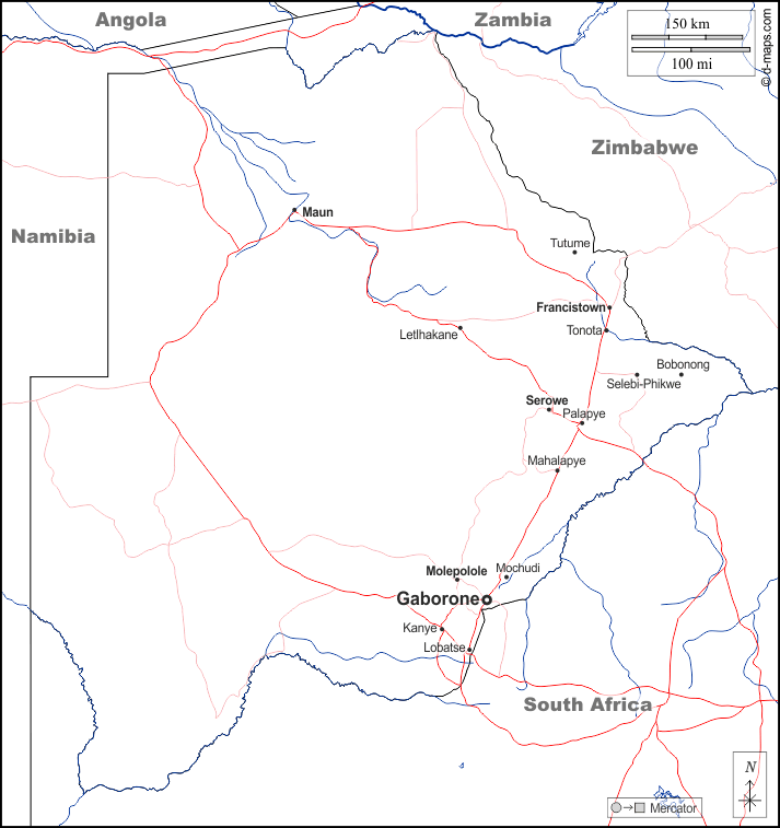 Botswana : d-maps.com: mappa gratuita, mappa muta gratuita, cartina muta gratuita : frontiere, idrografia, principali città, strade, nomi, bianco