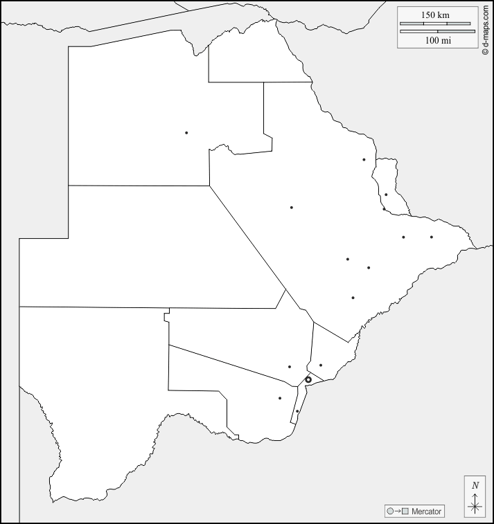 Botswana : d-maps.com: mappa gratuita, mappa muta gratuita, cartina muta gratuita : frontiere, distretti, principali città
