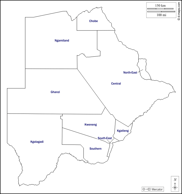 Botswana : d-maps.com: Kostenlose Karten, kostenlose stumme Karte, kostenlose unausgefüllt Landkarte, kostenlose hochauflösende Umrisskarte : Umrisse, Bezirke, Namen, weiß