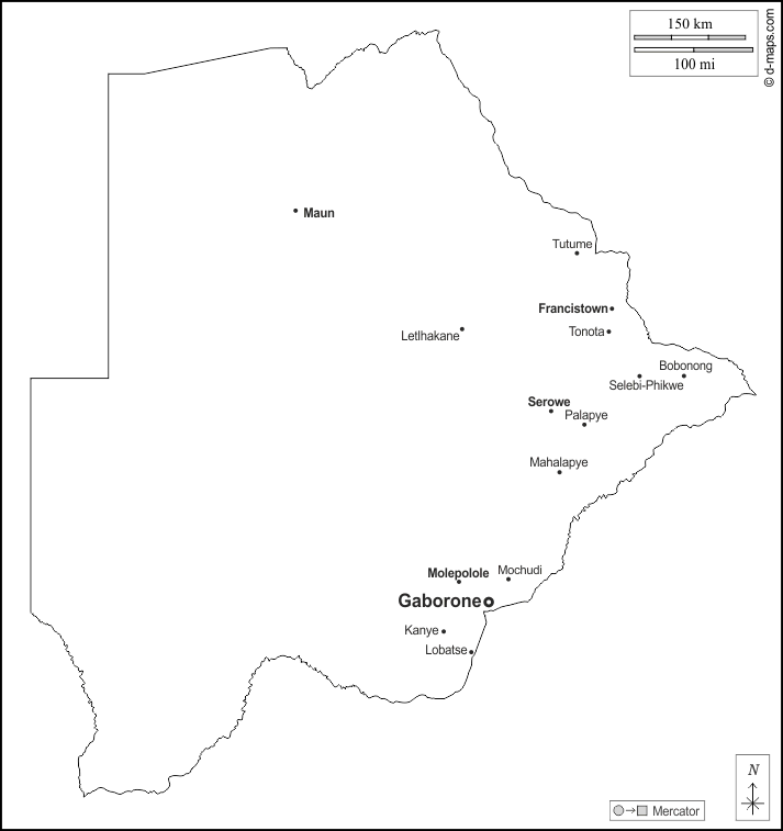 Botswana : d-maps.com: Kostenlose Karten, kostenlose stumme Karte, kostenlose unausgefüllt Landkarte, kostenlose hochauflösende Umrisskarte : Umrisse, Wichtige Städte, Namen, weiß