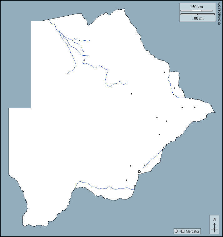 Botswana : d-maps.com: Kostenlose Karten, kostenlose stumme Karte, kostenlose unausgefüllt Landkarte, kostenlose hochauflösende Umrisskarte : Umrisse, Hydrografie, Wichtige Städte